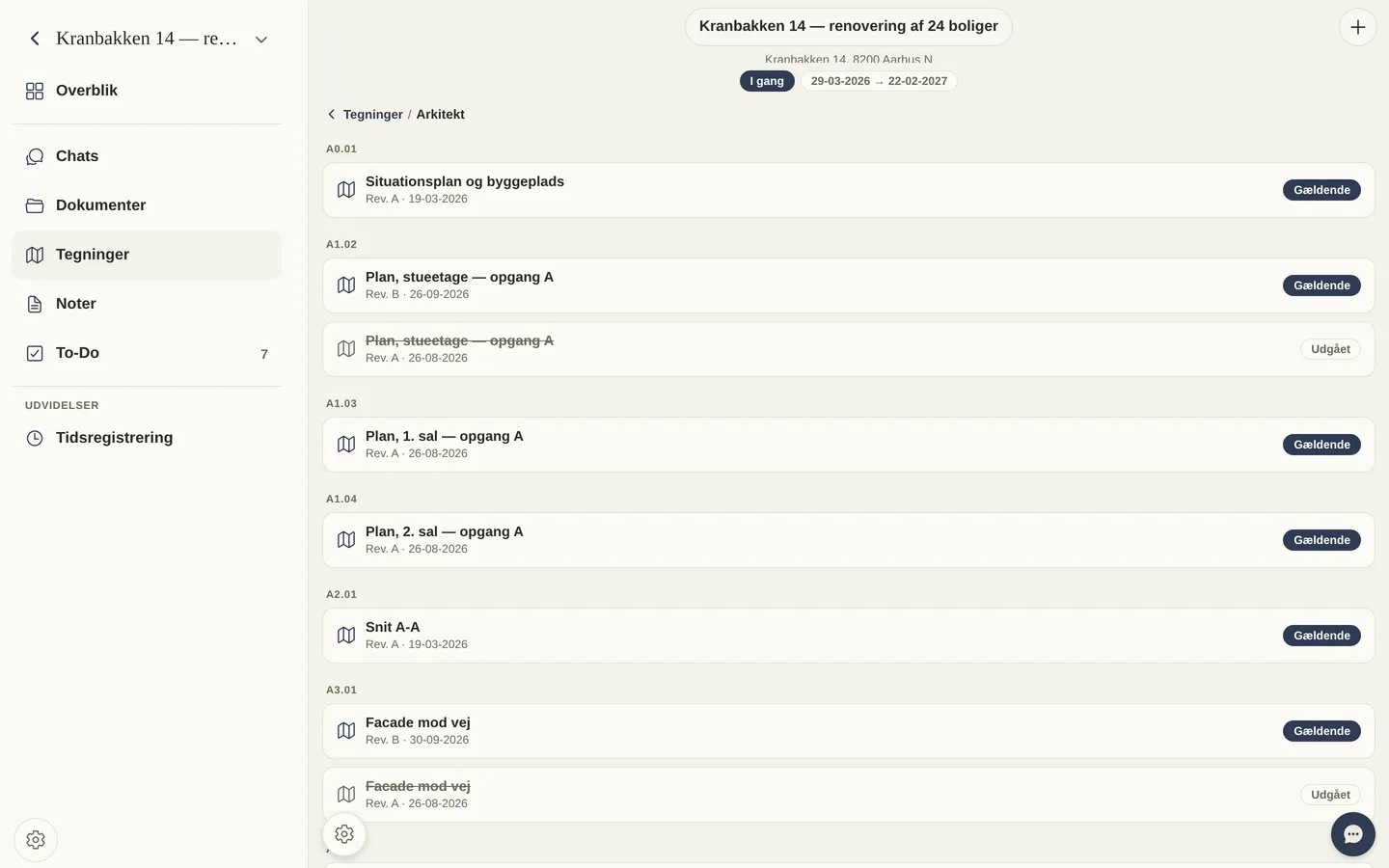Tegningsliste med gældende og udgåede revisioner, demo-data